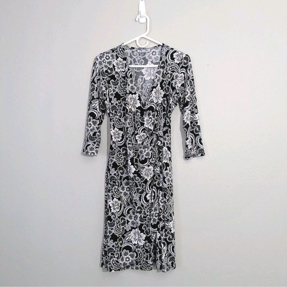 Shelby & Palmer Dress Women's Large Black White Floral 3/4 Sleeve Stretch